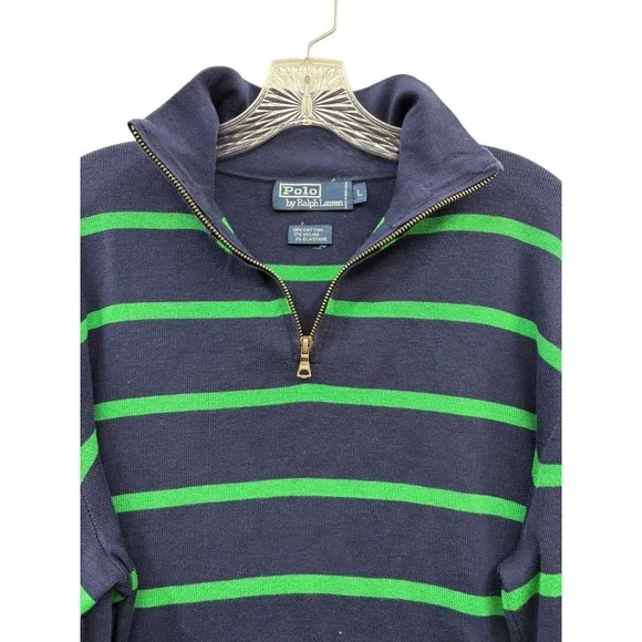 Vintage Polo Ralph Lauren Men's Quarter Zip Sweater Navy Green Striped Cotton L - Picture 4 of 6
